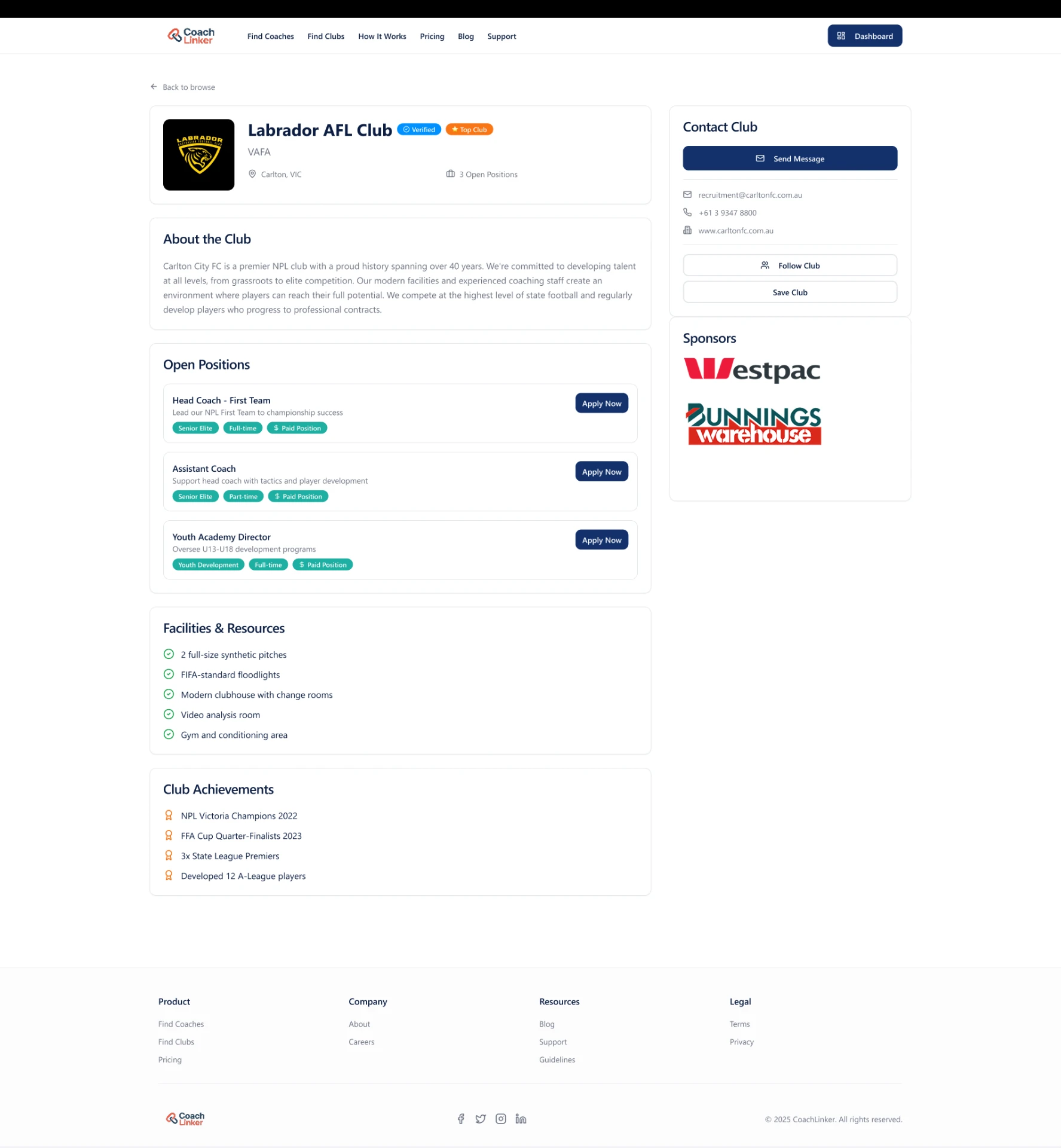 Coach Linker club profile page