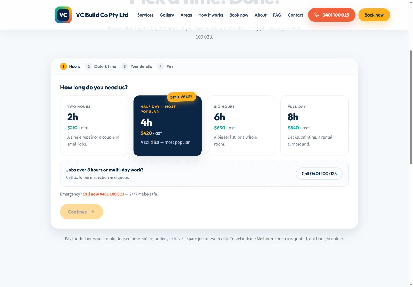 VC Build Co booking — choose your hours