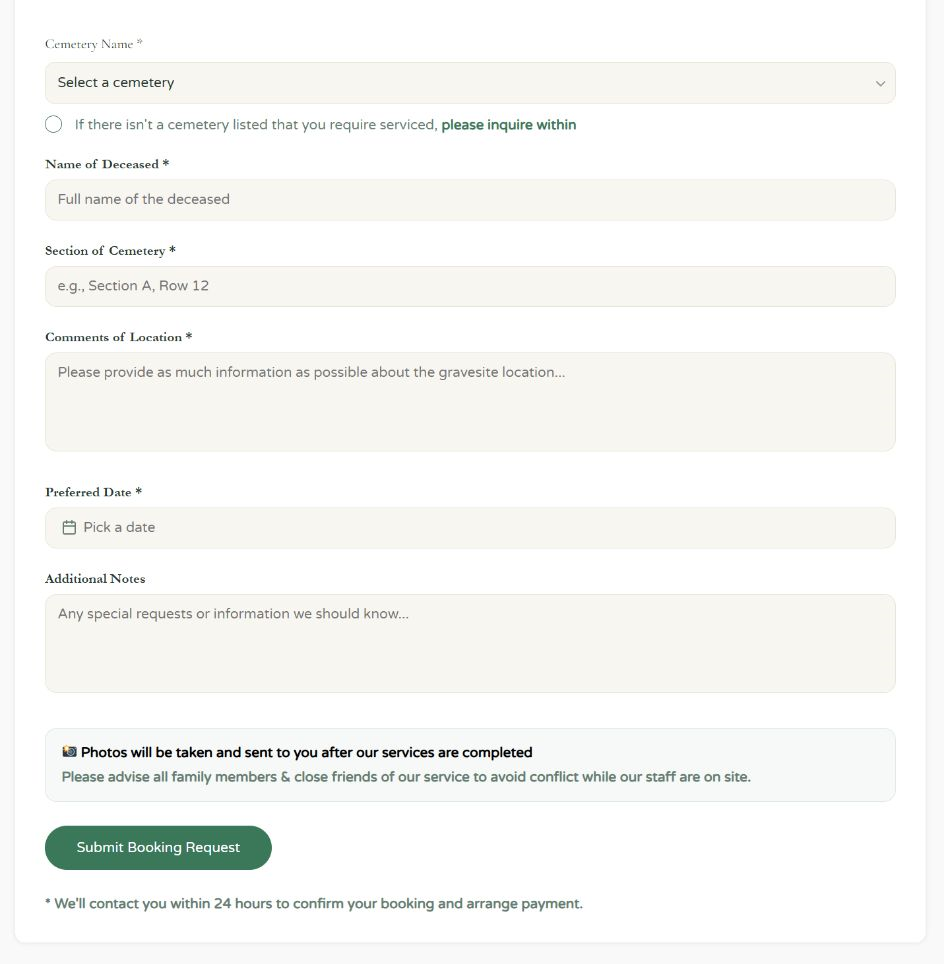 Cemetery, section, name and location — everything staff need to find the site