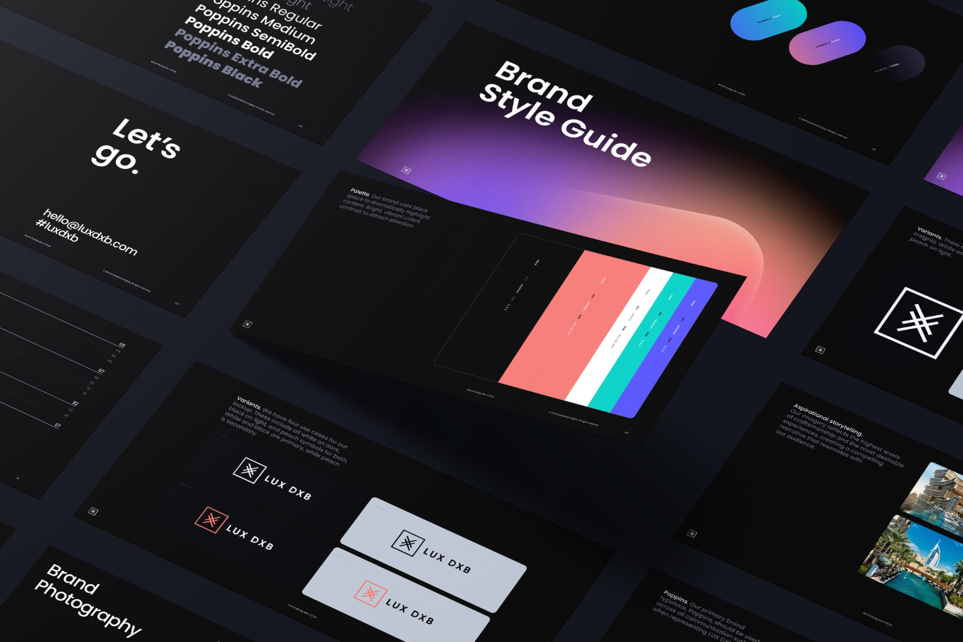 LUX DXB style guide pages — logo, palette, typography and photography