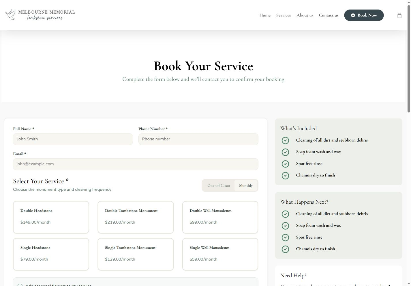 Melbourne Memorial booking form