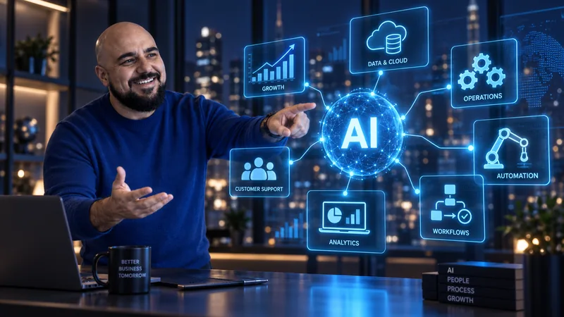 Andrew De Angelis from Established Agency explaining how AI connects customer support, operations, automation and analytics in a business