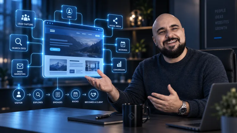 Andrew De Angelis presenting a business website connected to lead capture, CRM, SEO, bookings and conversions — the journey from visitor to client